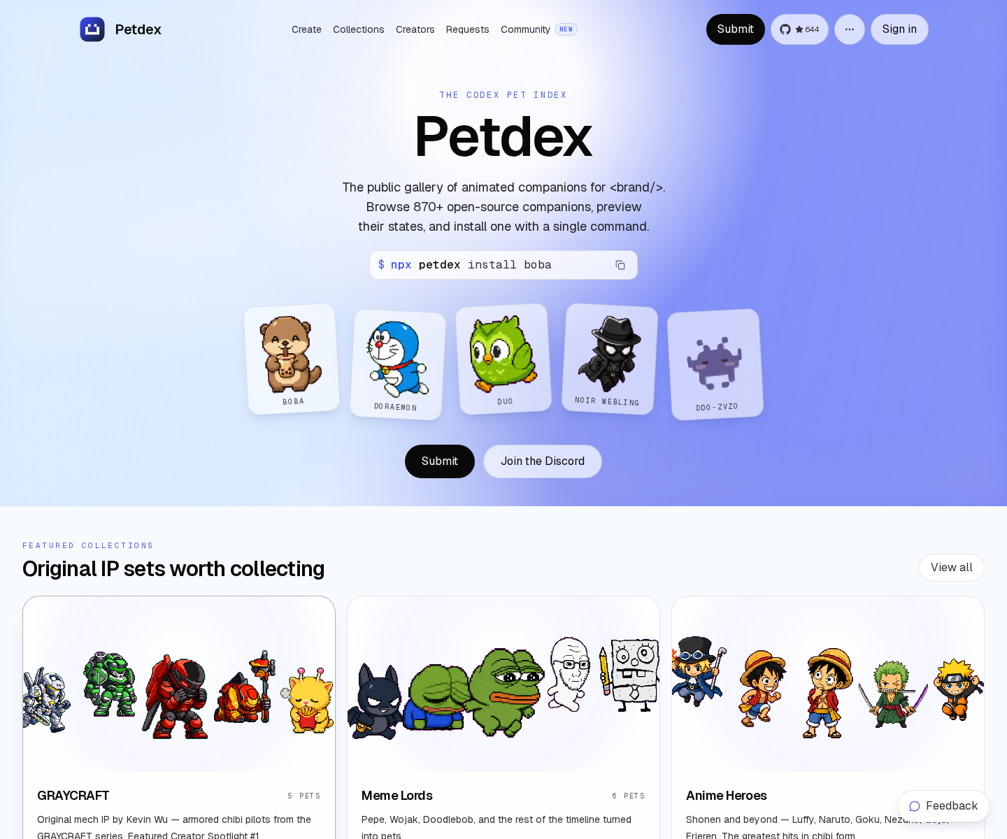 Petdex homepage screenshot